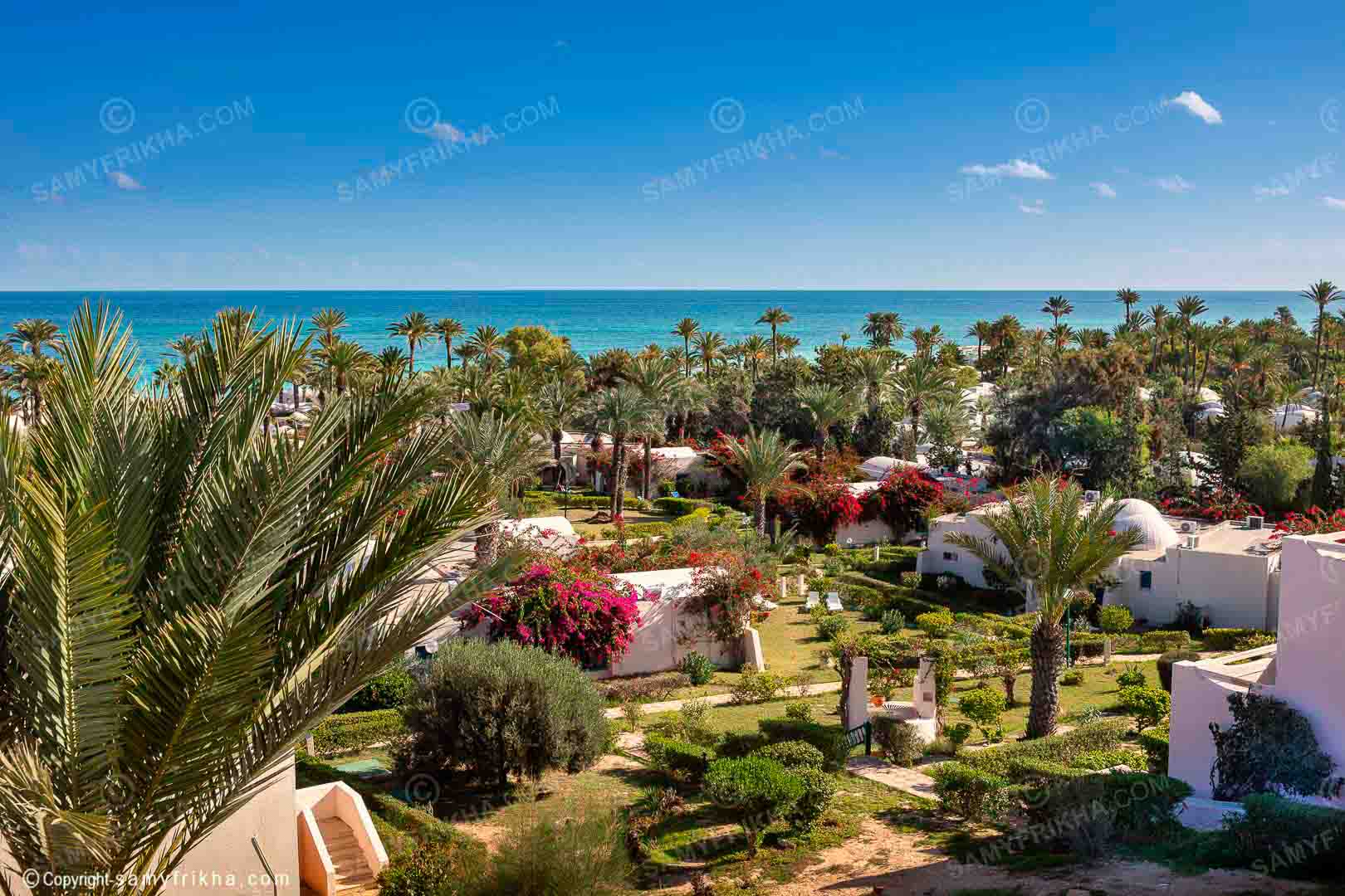 Jardin tropical d'un hôtel avec végétation méditerranéenne et vue sur la mer.